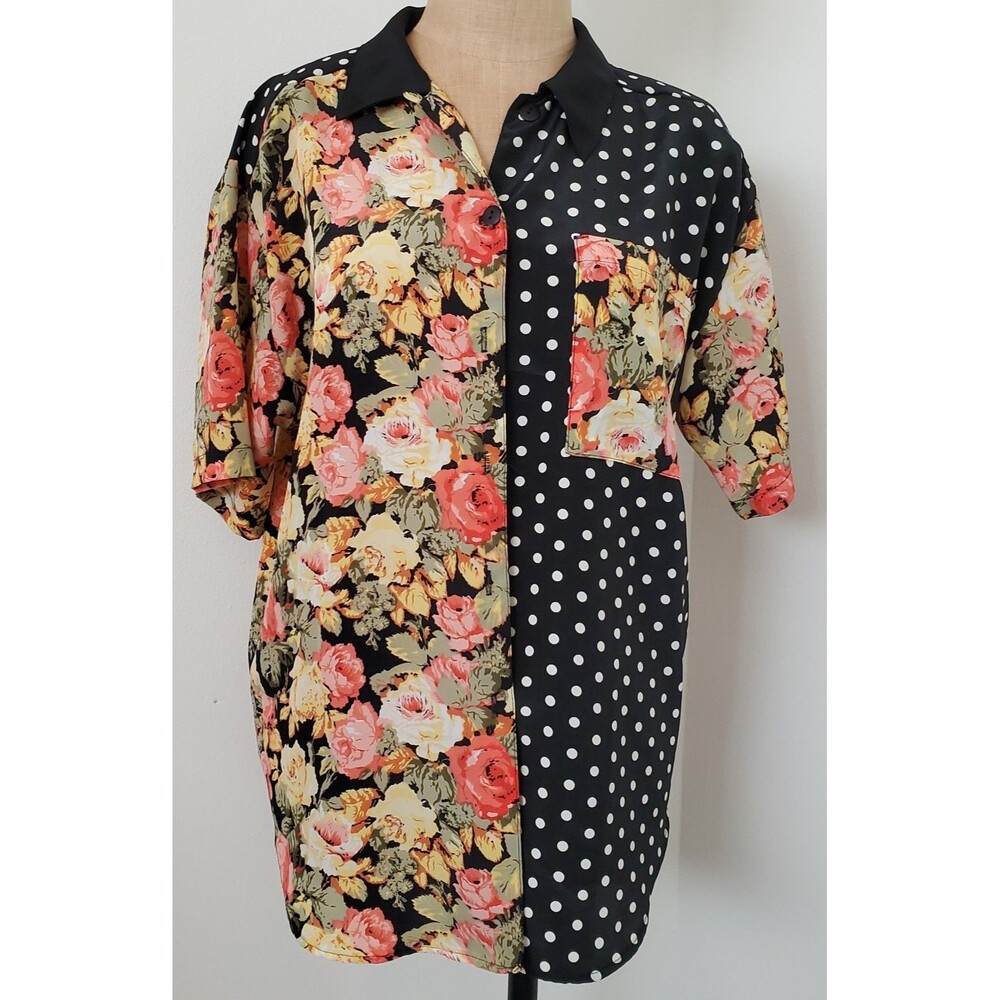 Vintage  80s 90s Impressions of California Patchwork Floral Polka Dot Blouse